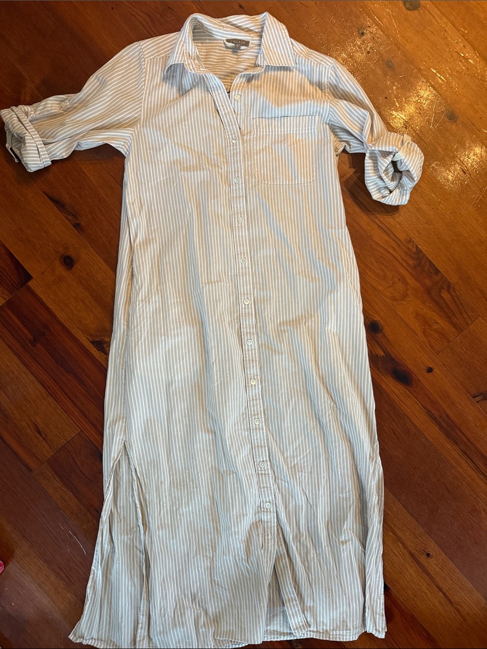 Lilla P Tan & White Striped Midi Shirt Dress